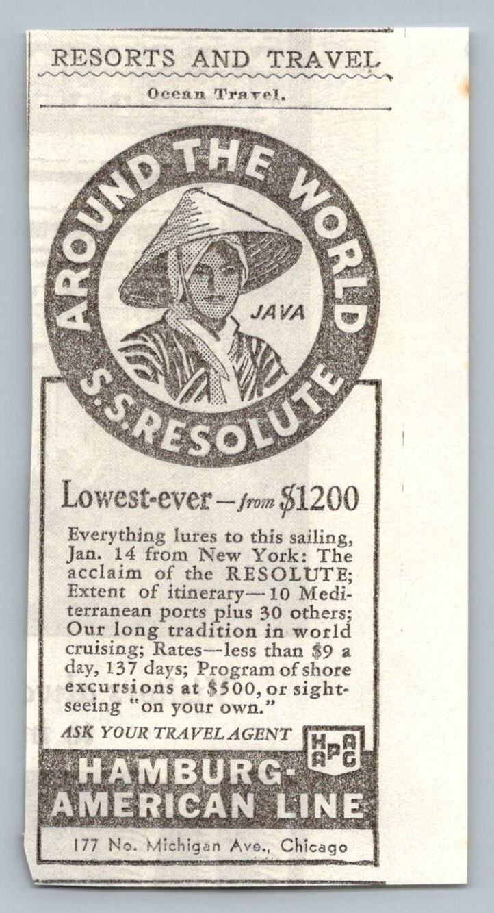 1930s Hamburg American Line SS Resolute World Cruise Travel Print Ad Ephemera